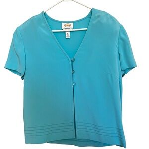 Talbots‎ Top Women's size 14 Front Button Short Sleeve Pure Silk Vintage Blue